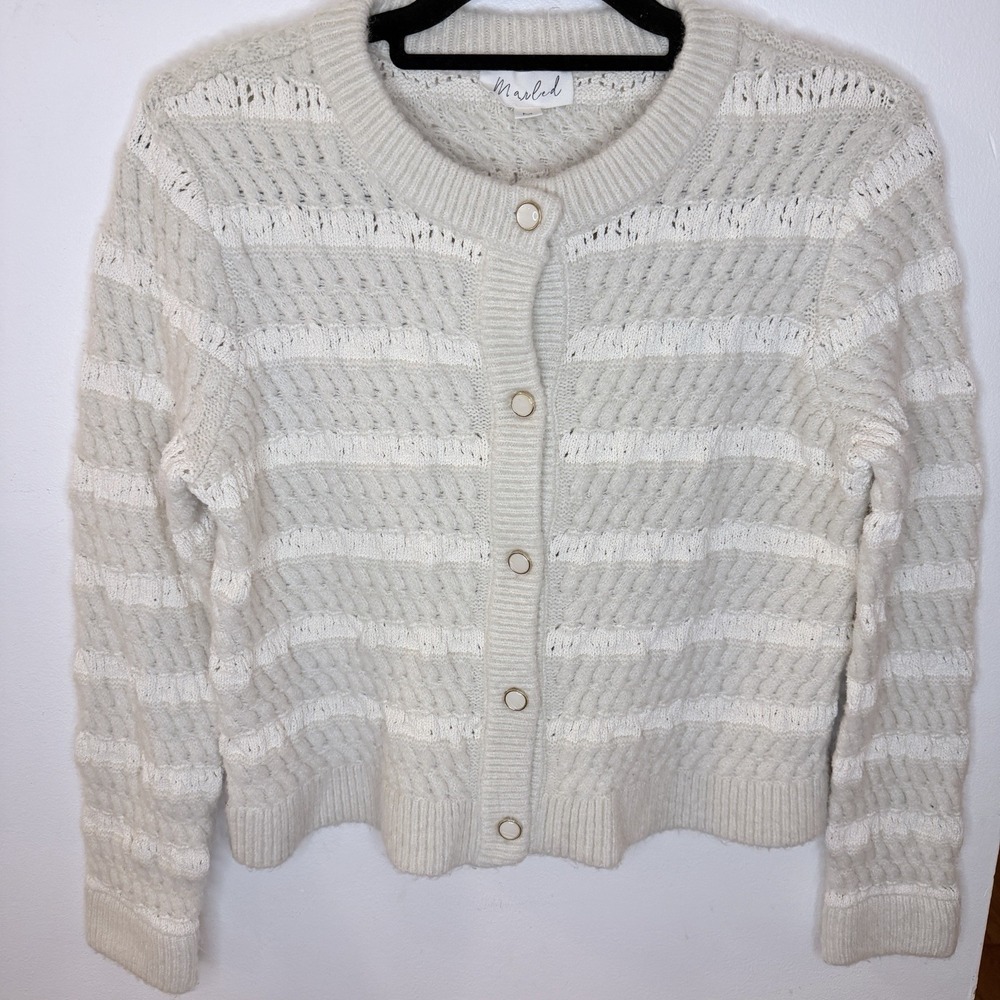 Marled Womens M Ivory Cable Knit Cardigan Coquette Buttons Cropped Stretch